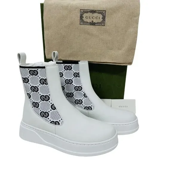 Gucci Platform 38.5/ US 8.5 GG Supreme Leather Chelsea Boots White NWB $1,100